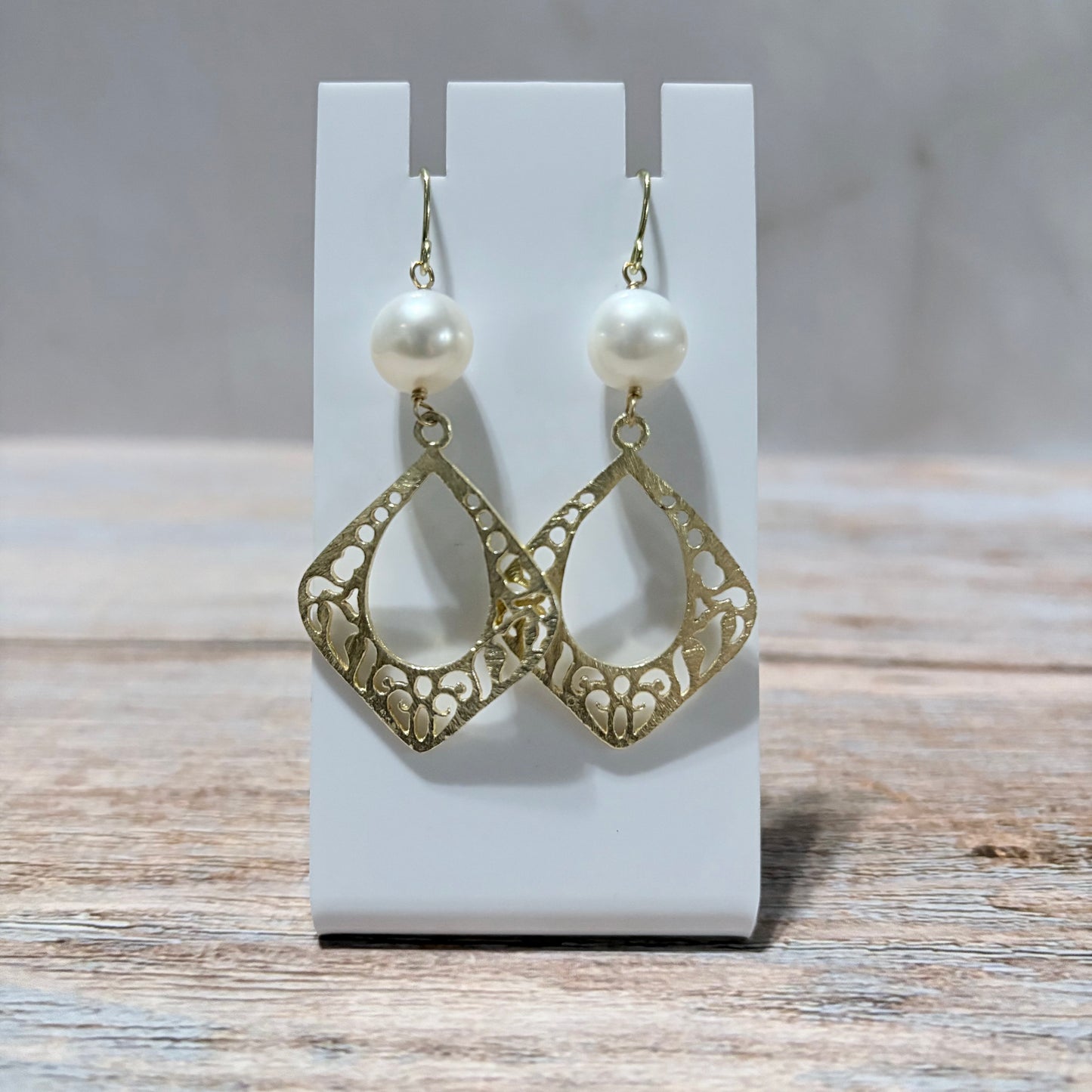 Pearl and Gold Decorative Diamond Drop Earrings