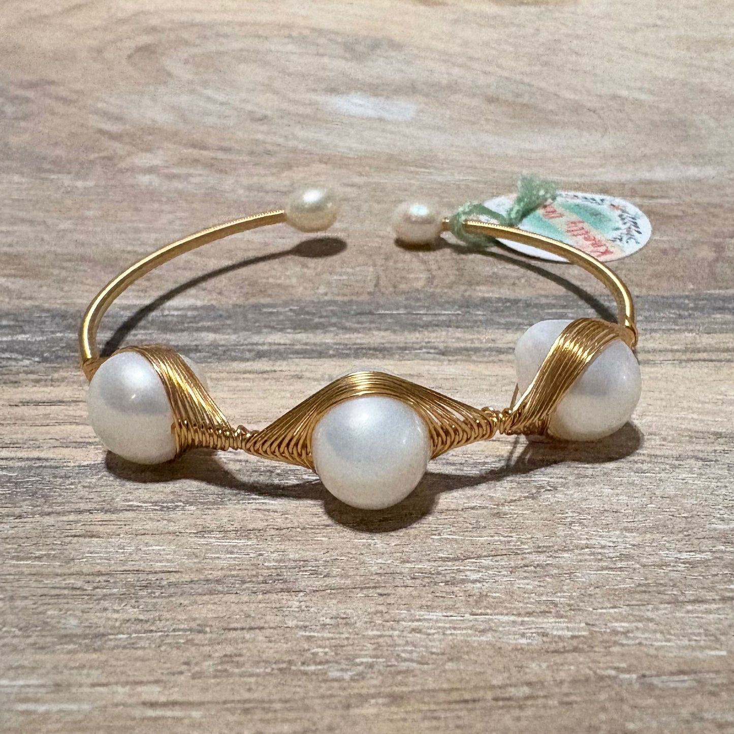 3 Pearl Wire Wrapped Gold Bracelet