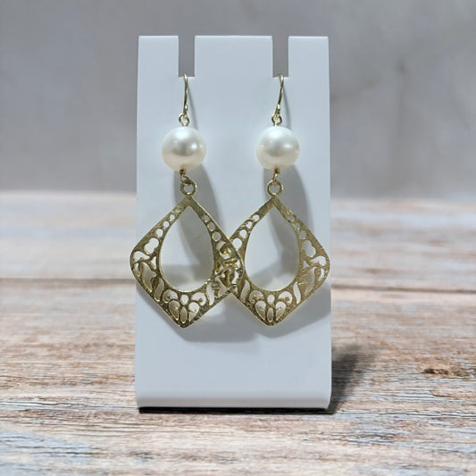 Pearl and Gold Decorative Diamond Drop Earrings