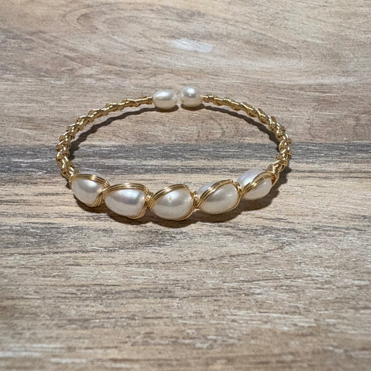 5 Pearl Wire Wrapped Twisted Gold Bracelet